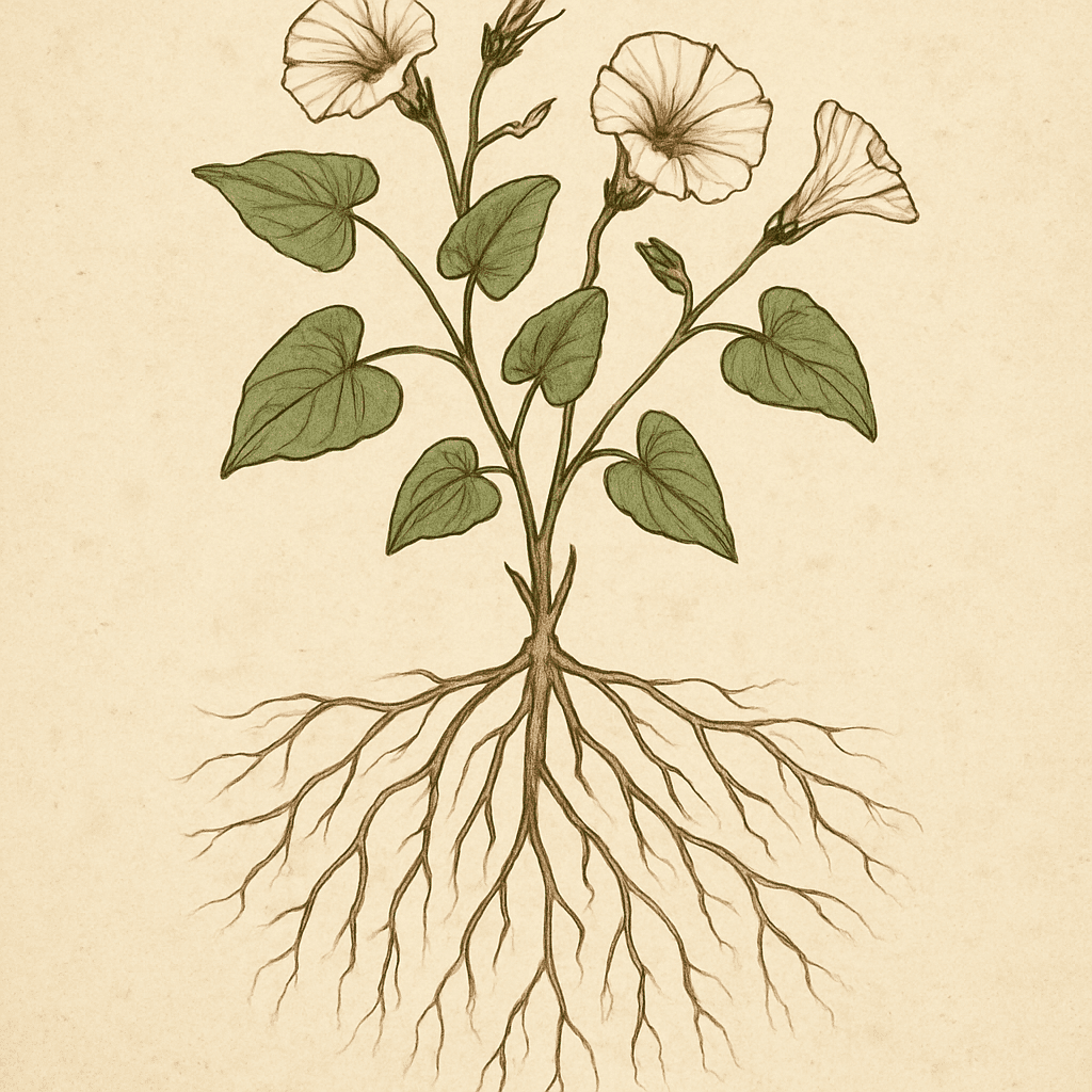 Illustration of field bindweed and its deep roots