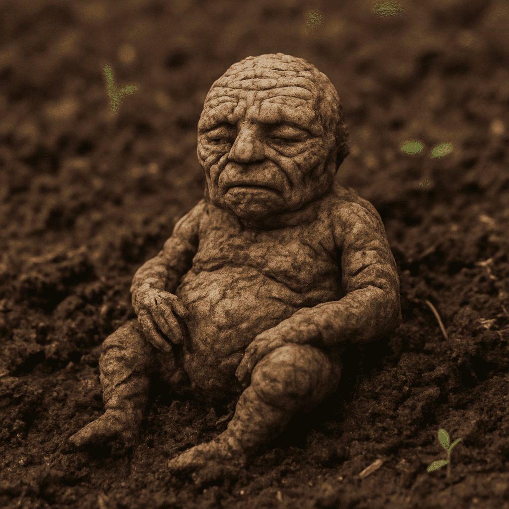 An artistic rendering of a gnarled, human-shaped root half-buried in the soil, looking like a tiny, wrinkled person.