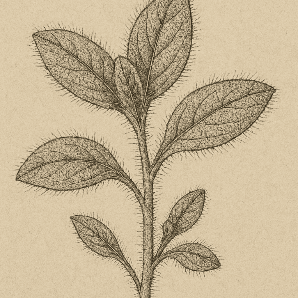 Botanical drawing of the hairy leaves and stem of field forget-me-not