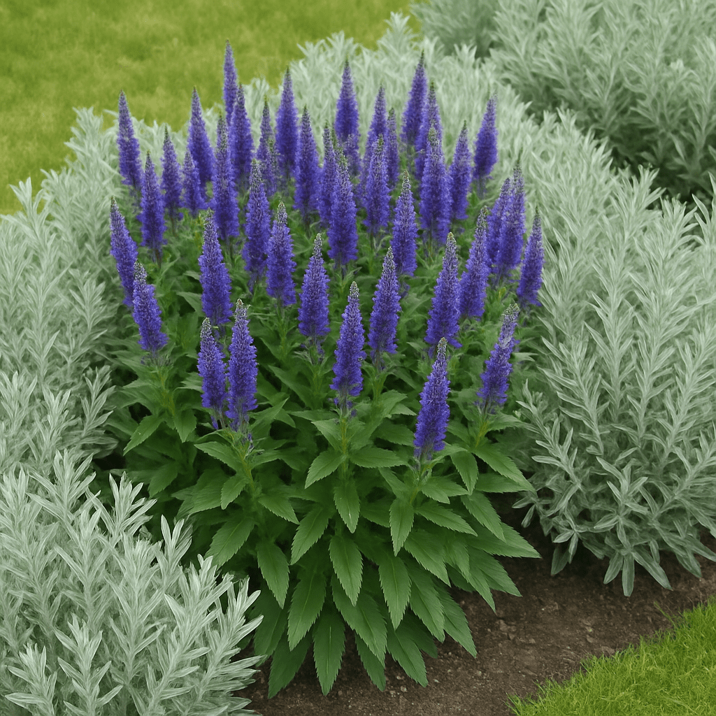 A garden bed scene featuring Spiked Speedwell planted next to silver-leaved plants such as Lavender or Sage.