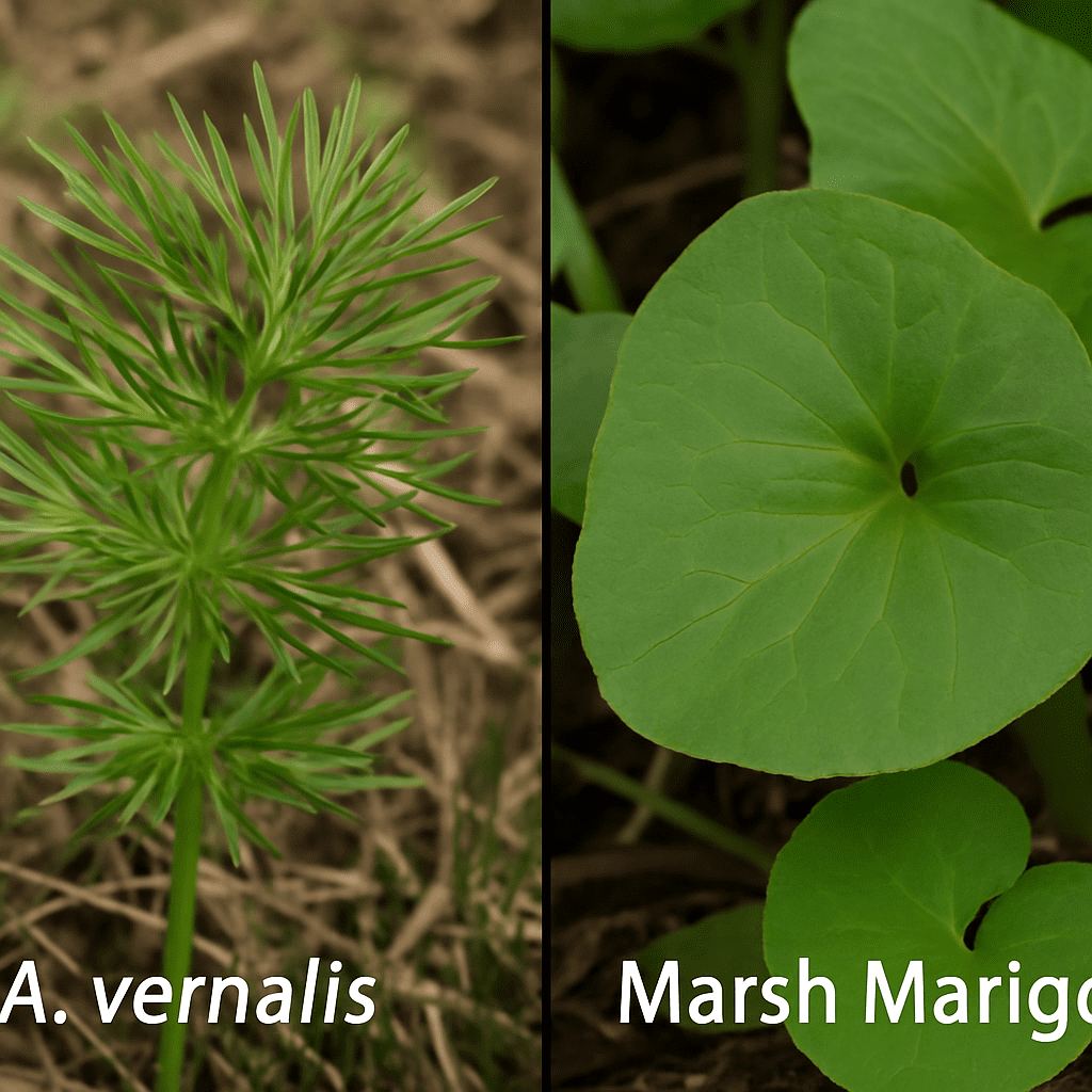 A close-up side-by-side comparison of the feathery, dill-like leaves of A. vernalis versus the heart-shaped leaves of a Marsh Marigold.