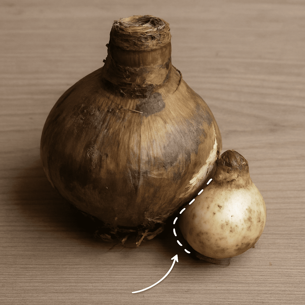 A photograph of an adult Amaryllis bulb with a small 'offset' bulb attached to its side, showing where to carefully separate them.