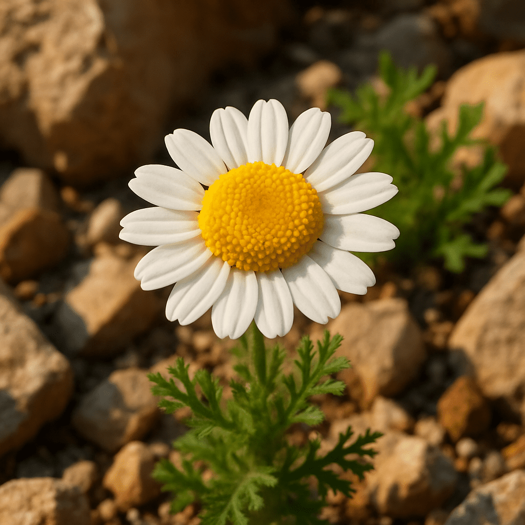 Close-up of a blooming Moroccan chamomile in a sunny rock garden
