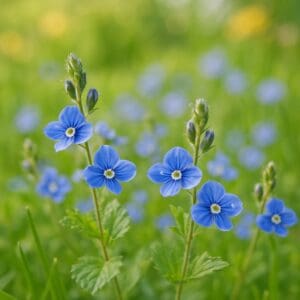 Blooming germander speedwell in the spring garden