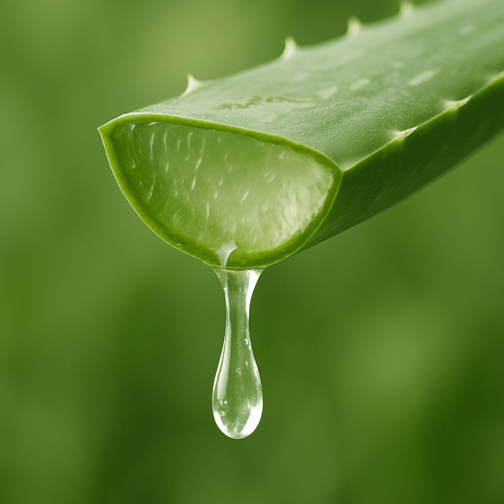 Cut aloe vera leaf dripping with clear, moisturizing gel