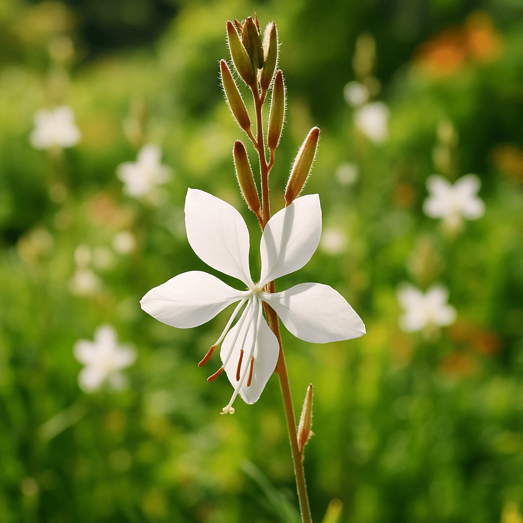 Close-up of a white cosmos in a sunny garden bed