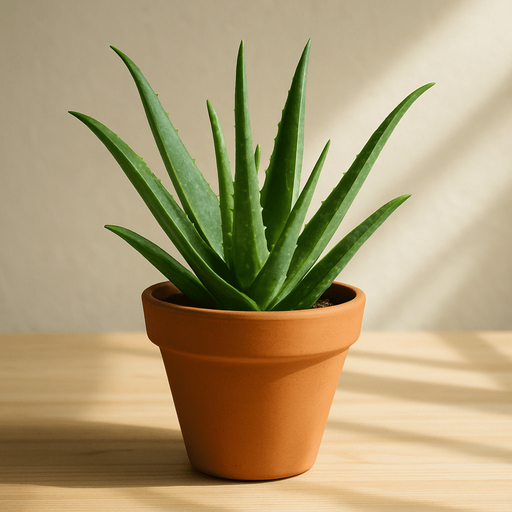 Fresh aloe vera plant in a terracotta pot on a light wooden table in the sun