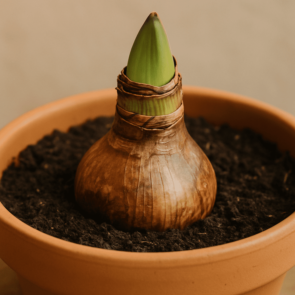 A close-up photo of an Amaryllis bulb in a pot, showing exactly one-third of the bulb protruding above the soil line.
