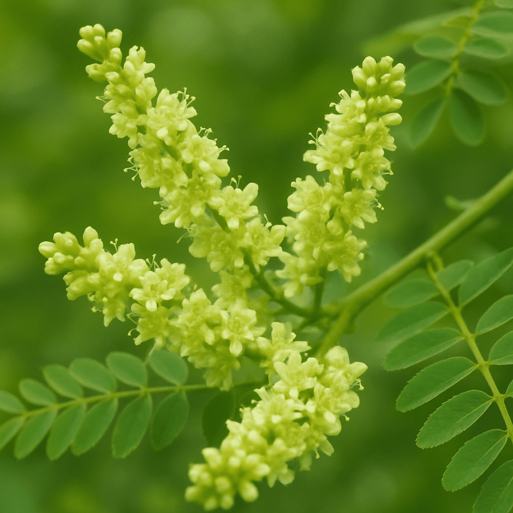 Detailaufnahme der zarten, grüngelben Blüten der Amerikanischen Gleditschie im Frühsommer