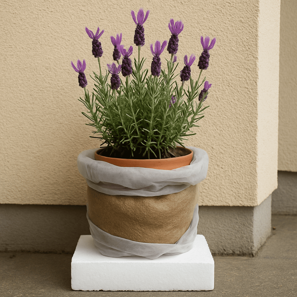 A crested lavender in a pot, standing on a Styrofoam plate, wrapped in fleece and a coir mat, placed against a protective house wall.