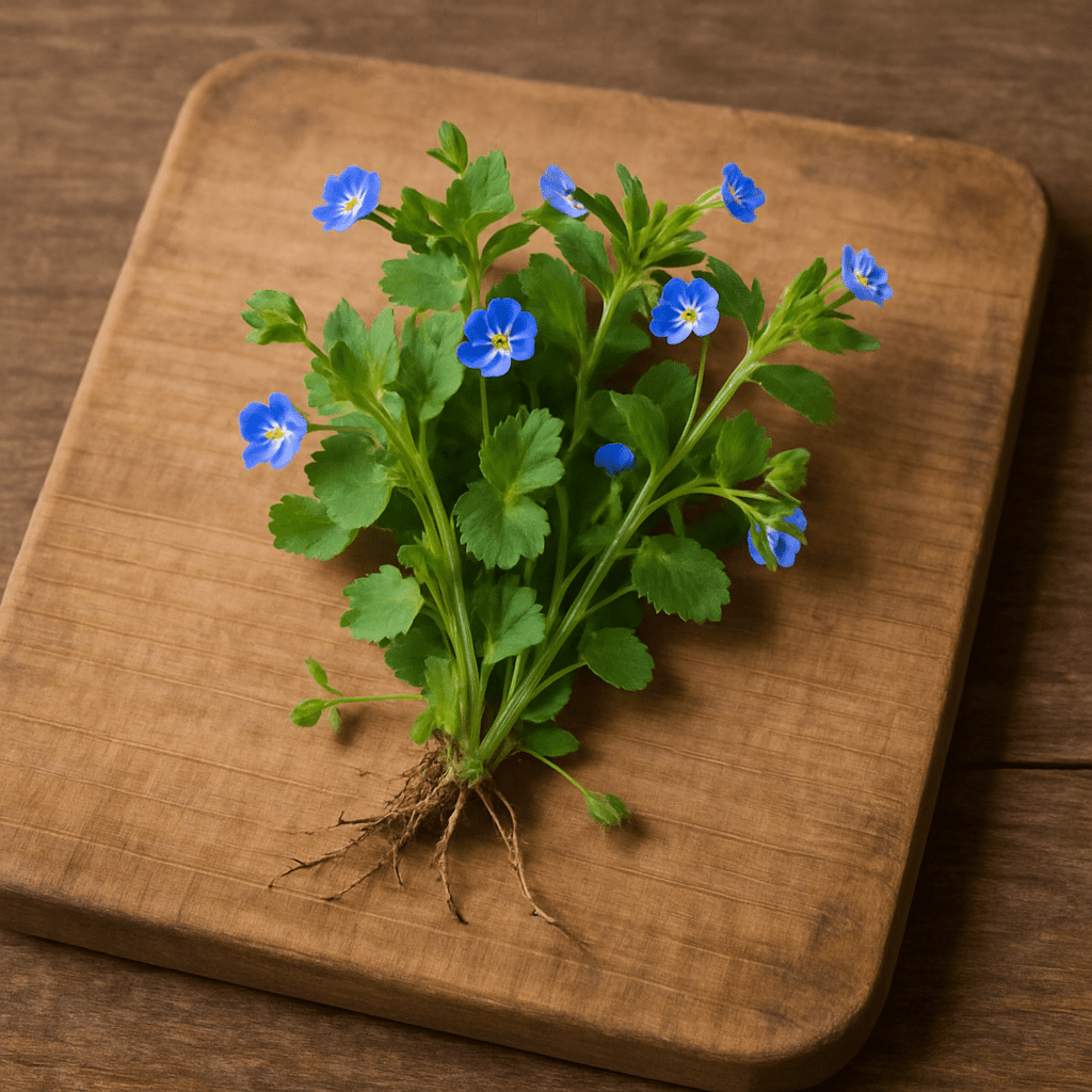Freshly picked field speedwell on a wooden board for salad preparation