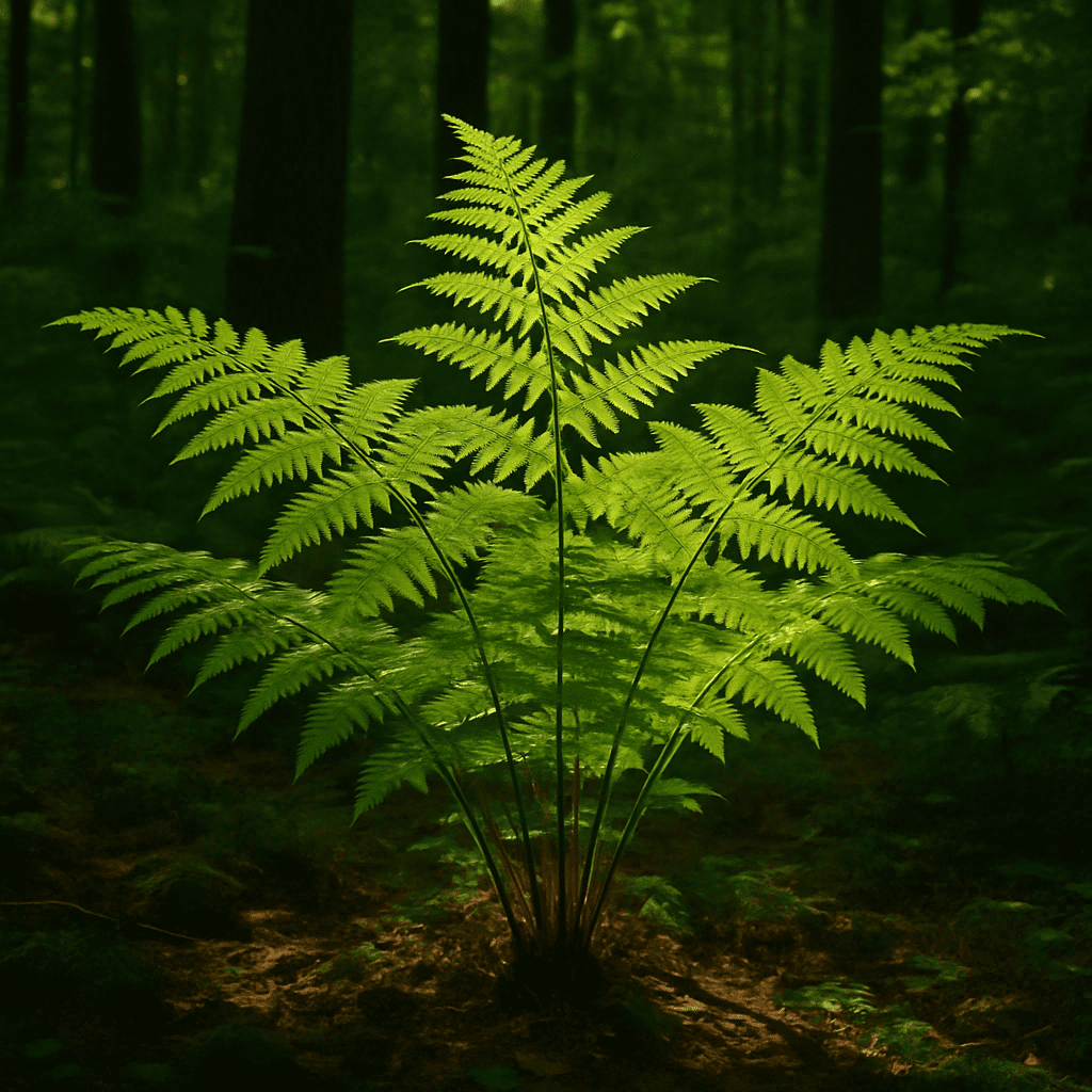 Ein imposanter Adlerfarn im Wald mit ausladenden, sattgrünen Wedeln im Sonnenlicht
