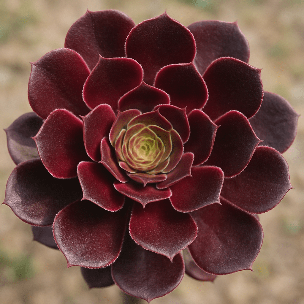 A close-up of a beautiful, dark red Aeonium rosette