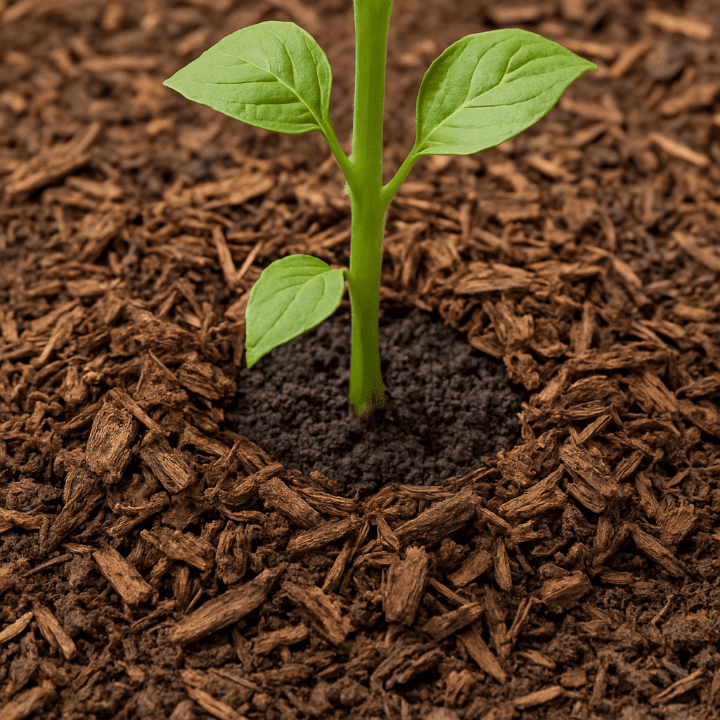 Close-up of soil showing a layer of mulch/compost around the base of the plant to illustrate moisture retention.