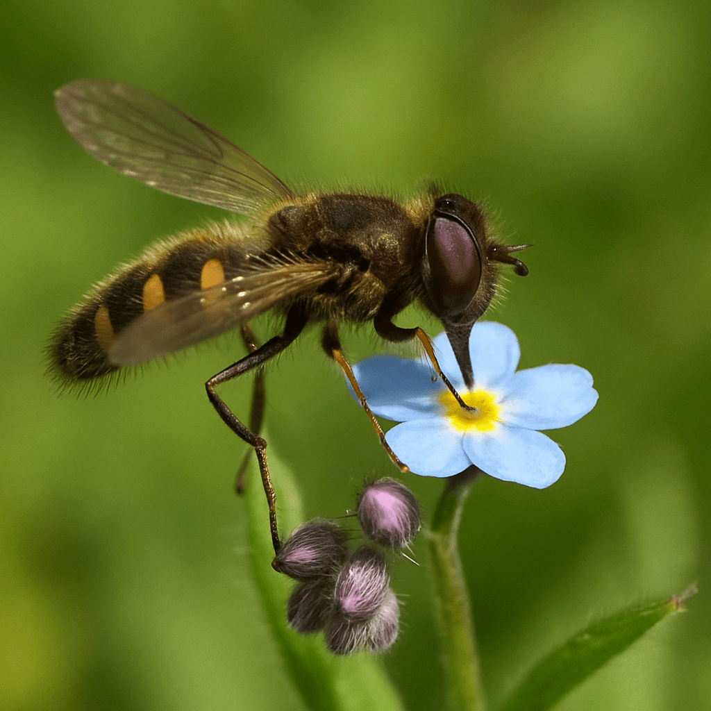 A small hoverfly or wild bee on the tiny flower of a field forget-me-not