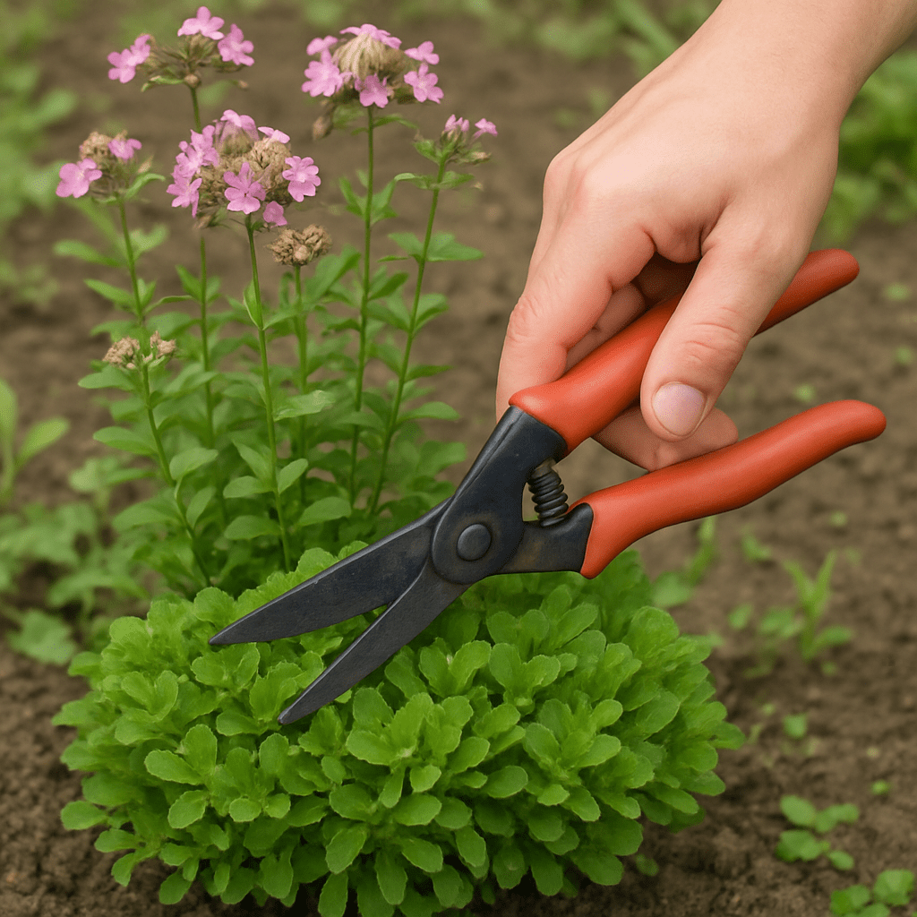 A hand is using garden shears to trim the green foliage of a Phlox plant by about half its height after the flowers have faded.