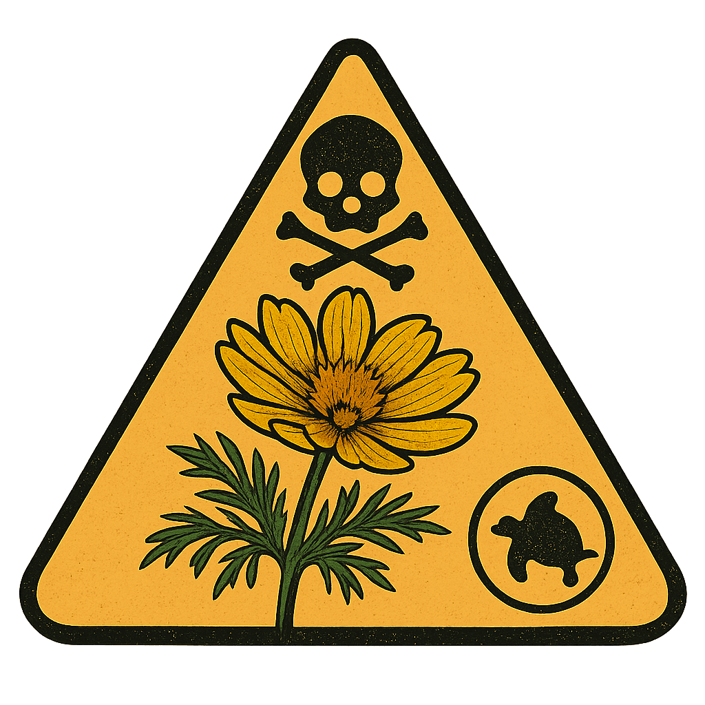 A warning sign illustration or infographic symbol representing 'toxic' and 'protected species' icons next to a blooming Adonis flower.