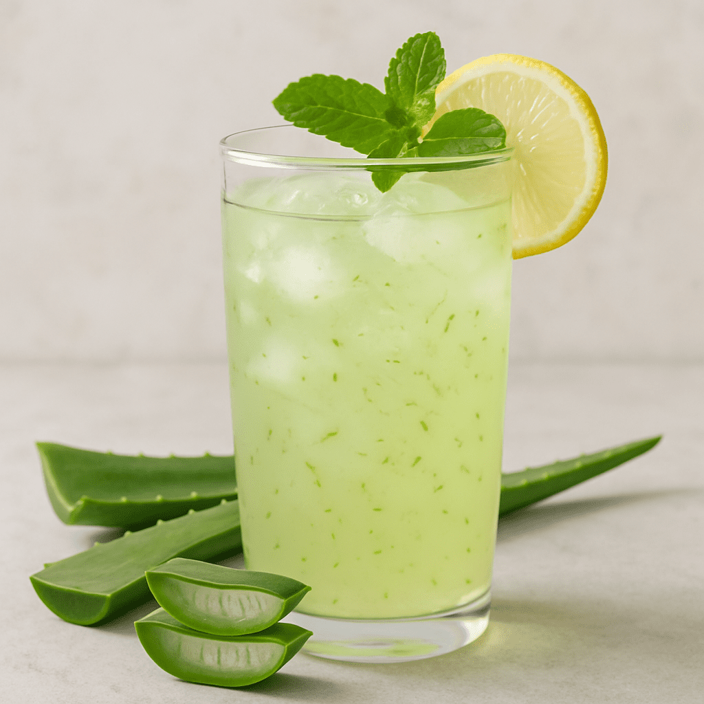 A glass of fresh, healthy aloe vera juice, garnished with a slice of lemon and mint