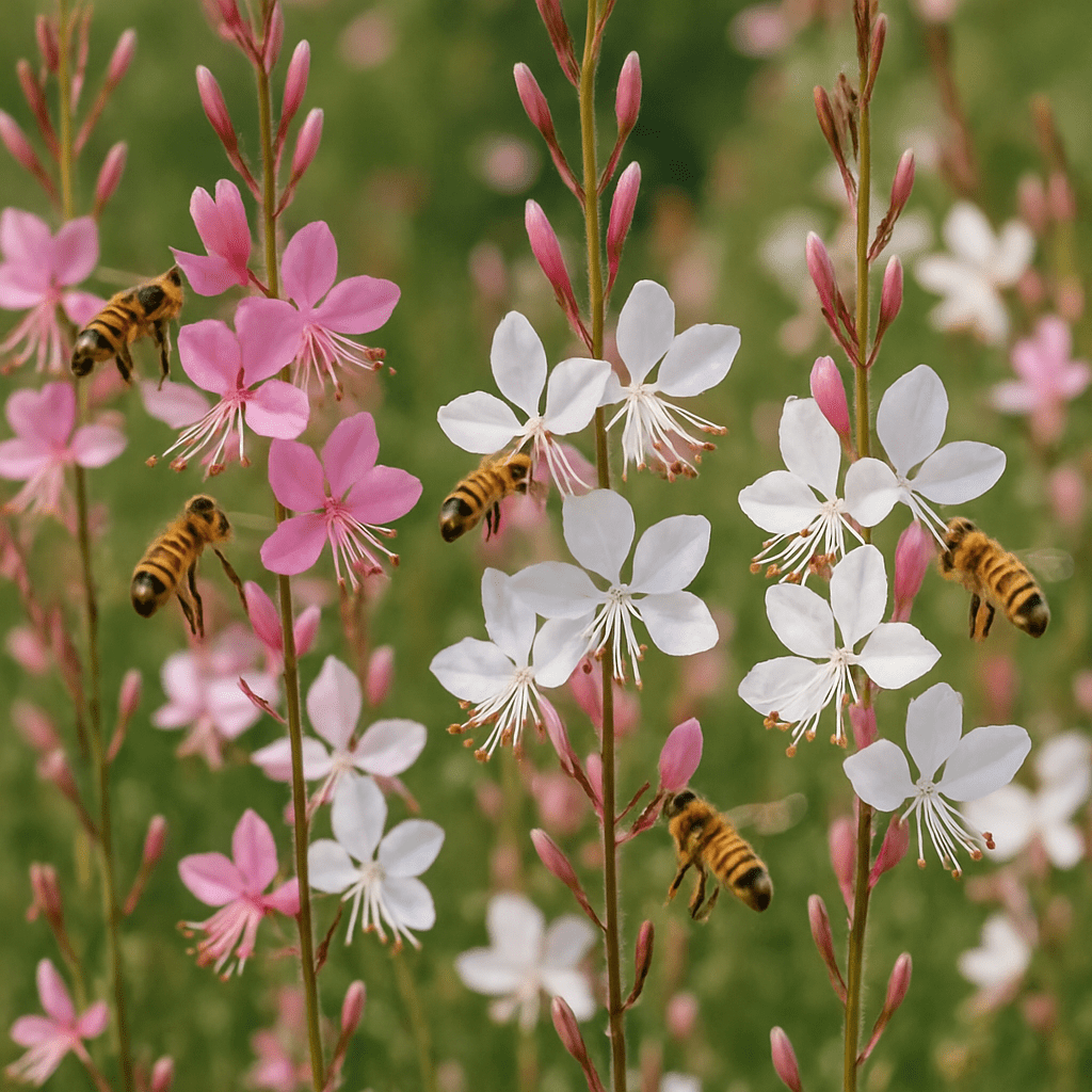 Pink and white blazing stars surrounded by bees in midsummer.