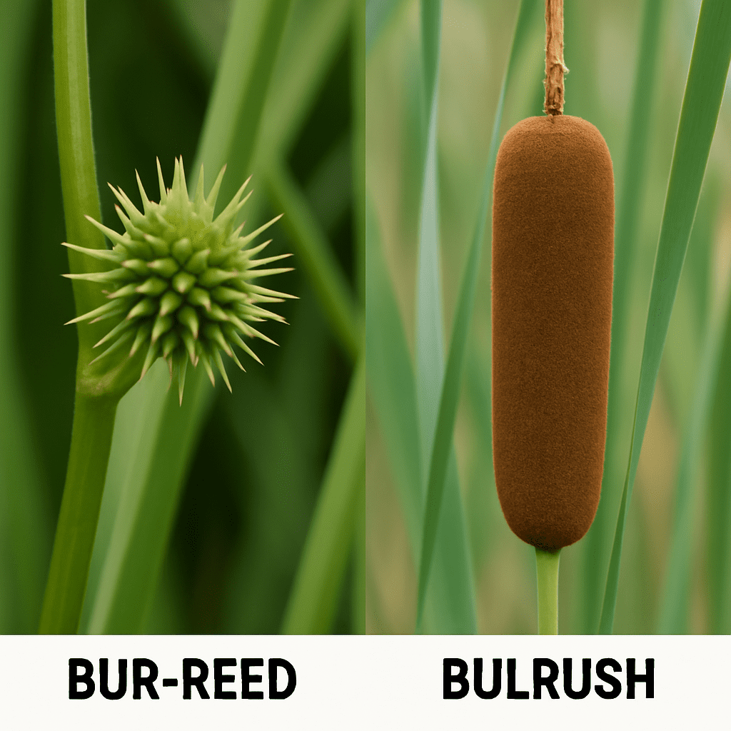 Direct visual comparison of the spiky cattail fruit and the brown, velvety cylinder of a bulrush (Typha).