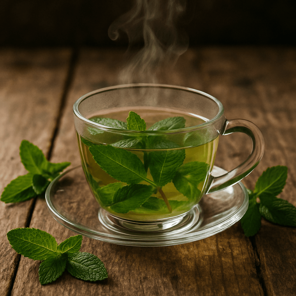 A steaming cup of fresh mint tea made from field mint on a rustic wooden table
