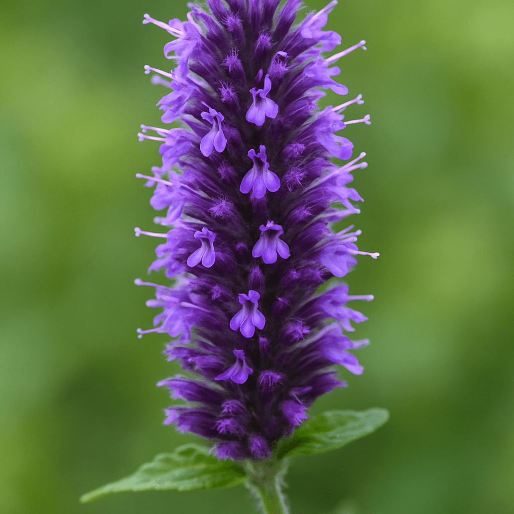 Eine Nahaufnahme der leuchtenden Agastache 'Black Adder' mit tiefvioletten Hochblättern in Flaschenbürstenform.