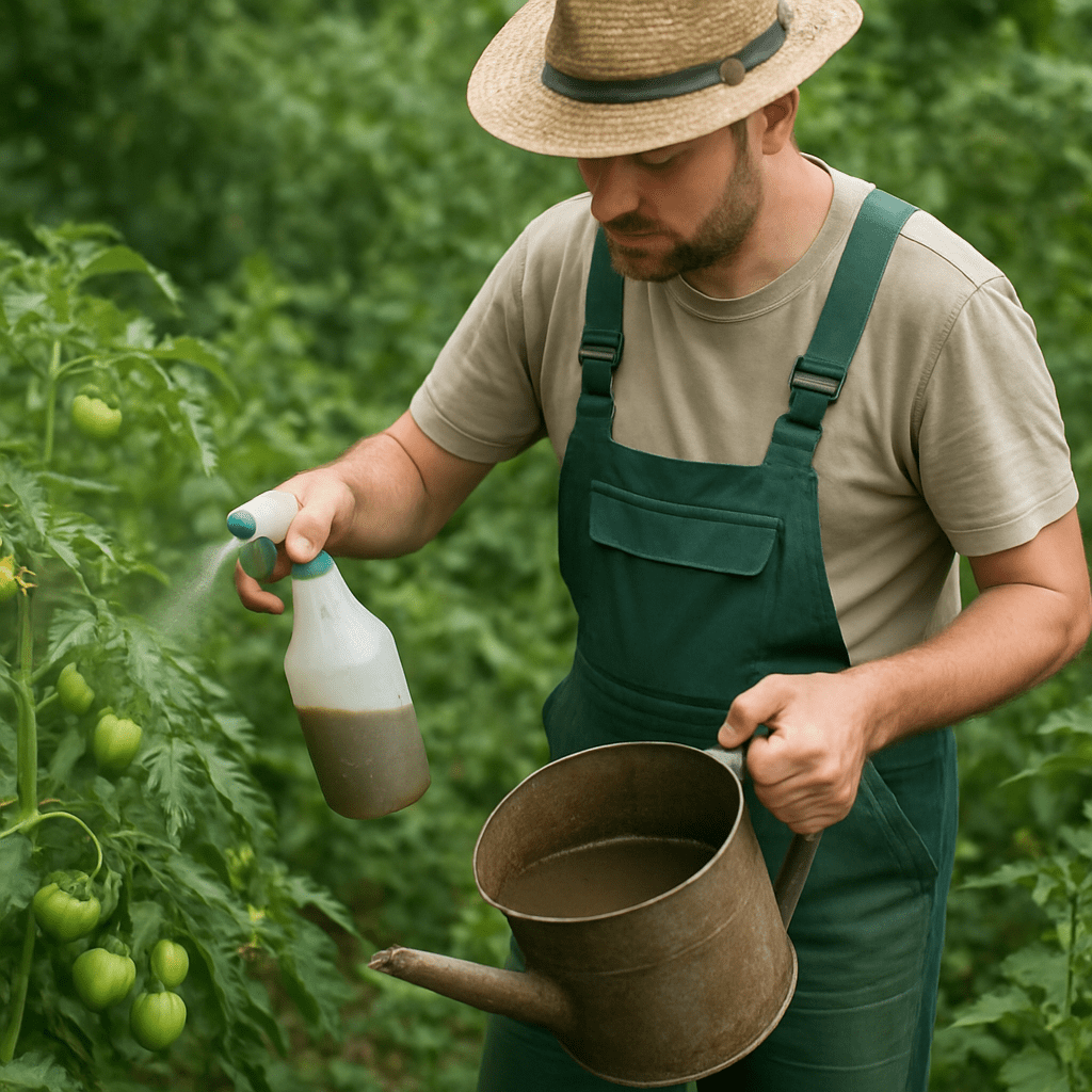 A gardener gently sprays tomato plants with a natural plant fertilizer