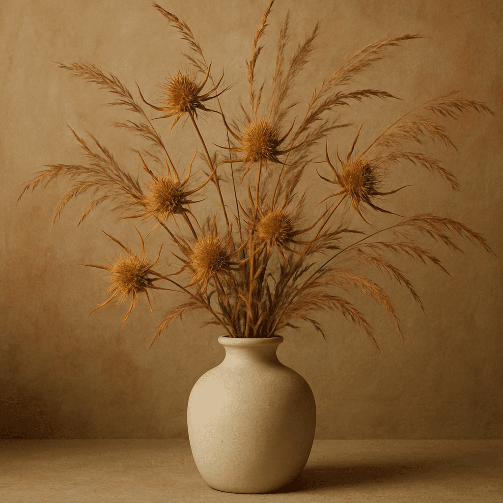 An autumnal arrangement of dried eryngium and ornamental grasses in a simple vase.
