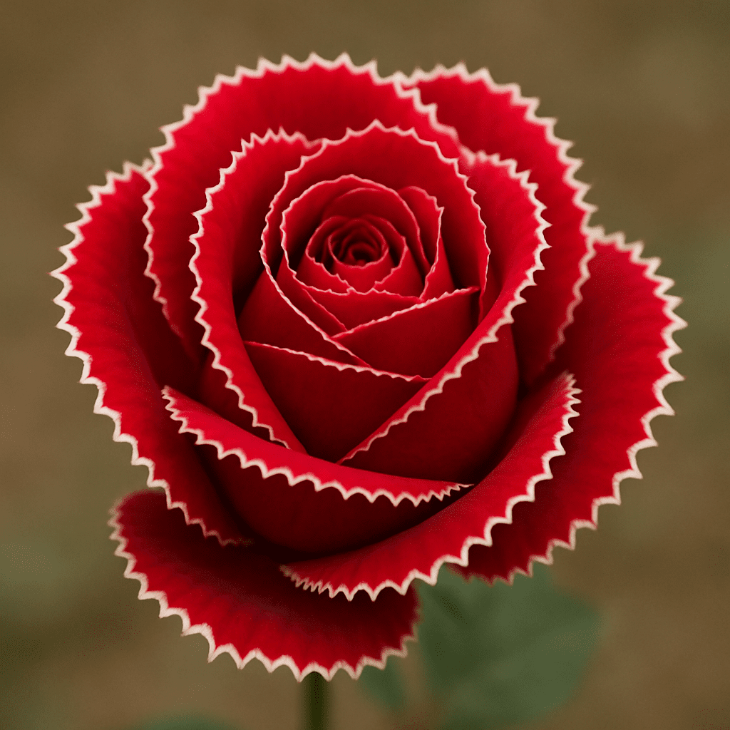 Close-up of a crimson rose bloom with irregular white edges that appear as if cut with pinking shears.