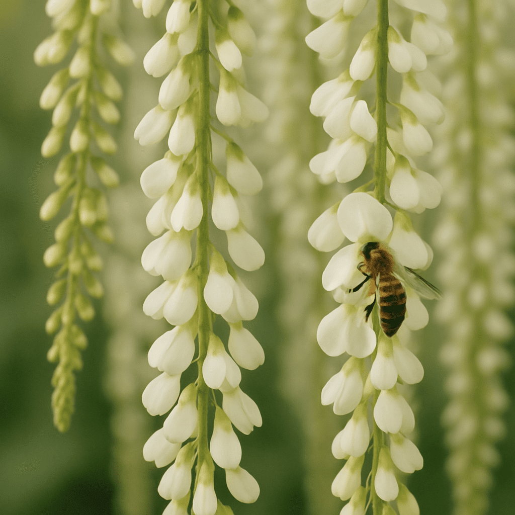 Close-up of long, drooping white flower panicles with a bee visiting a single blossom.