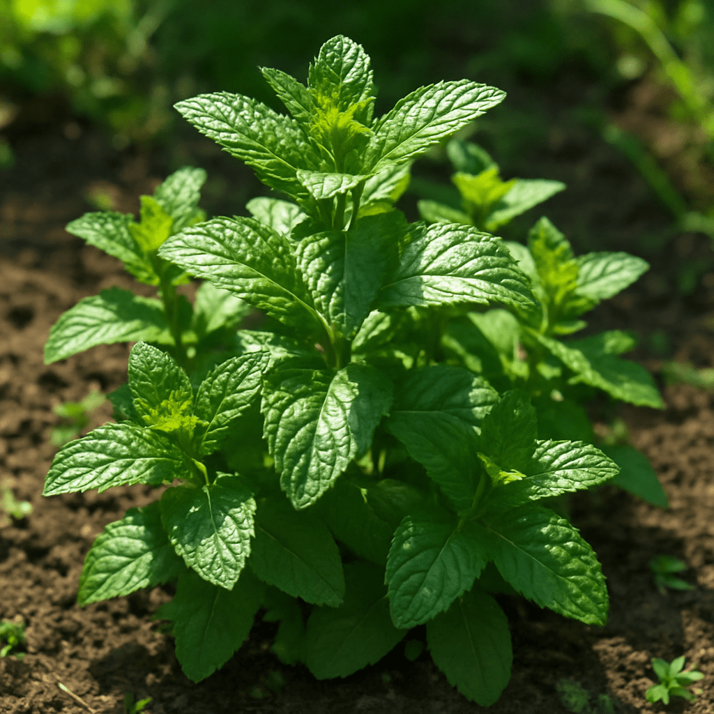 A lushly growing field mint in the garden, its leaves gleaming in the sunlight