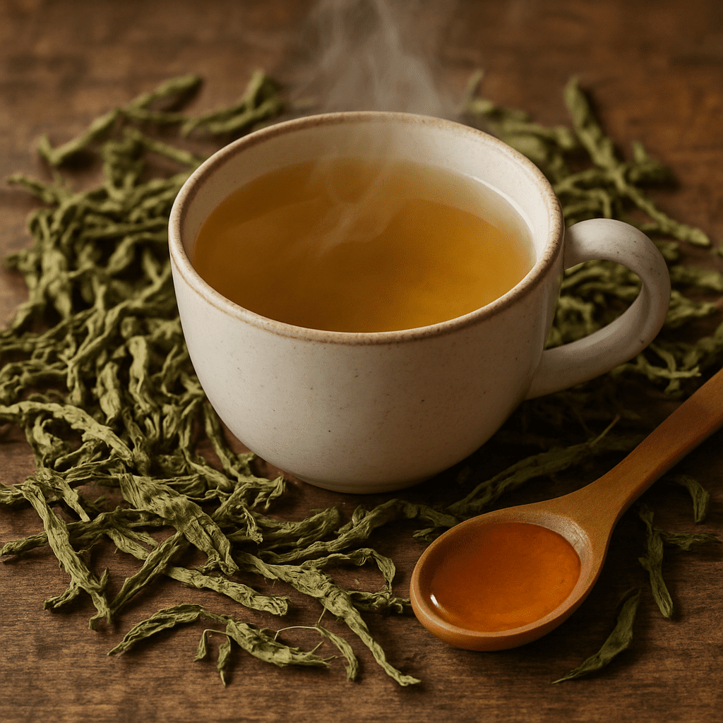 A steaming cup of herbal tea surrounded by dried lemon verbena leaves and a spoon of honey