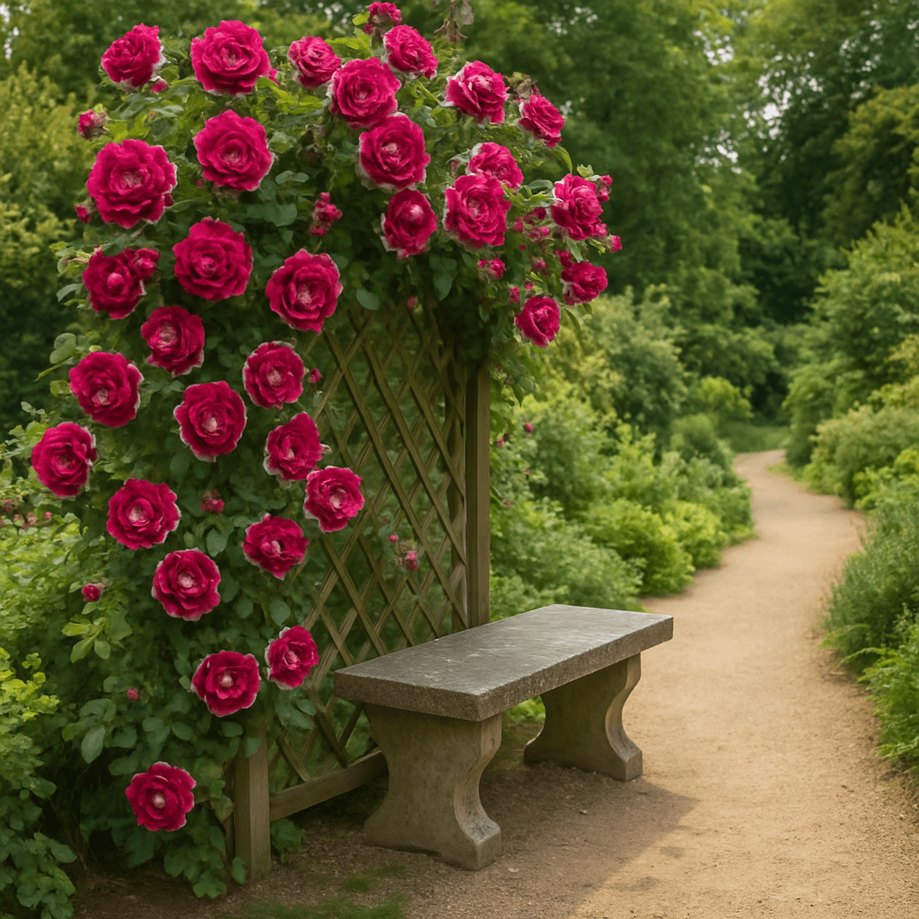 A wide-angle shot of a garden path with the rose Baron Girod de l'Ain growing on a wooden trellis next to a stone bench.