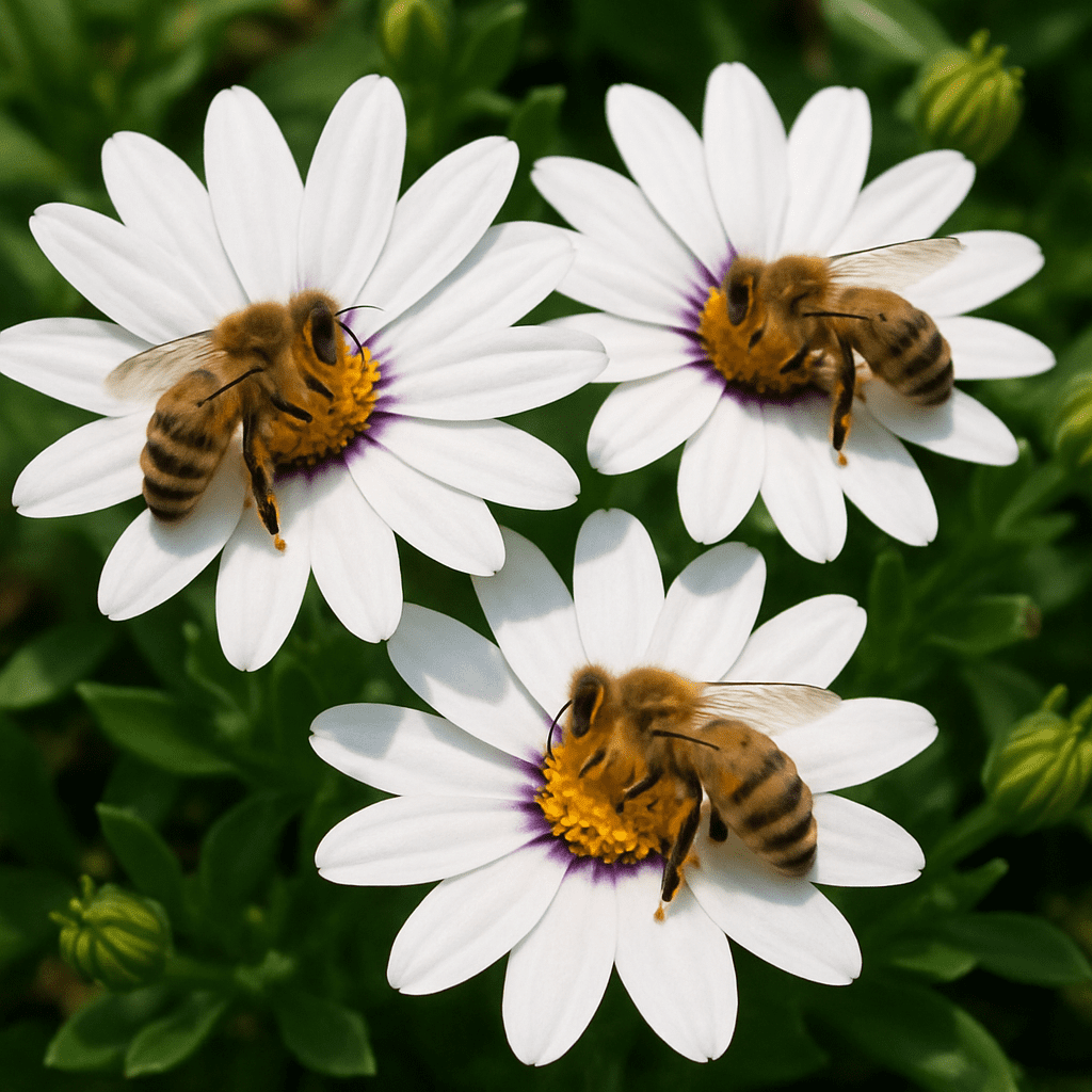 Bees collect nectar from the white flowers of the African daisy.