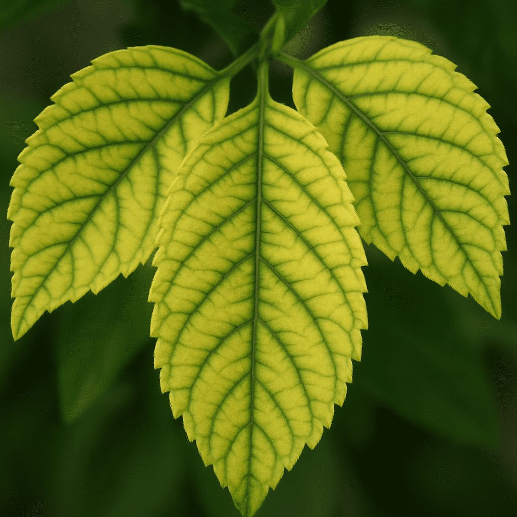 Nahaufnahme von gelblich verfärbten Blättern durch Eisenmangel (Chlorose)