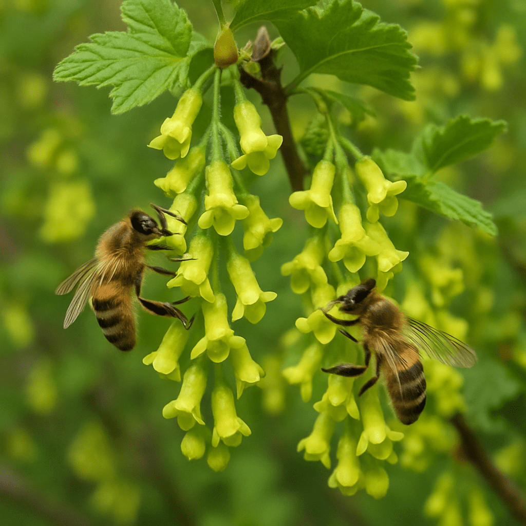 Greenish-yellow flowers of the alpine currant, pollinated by bees