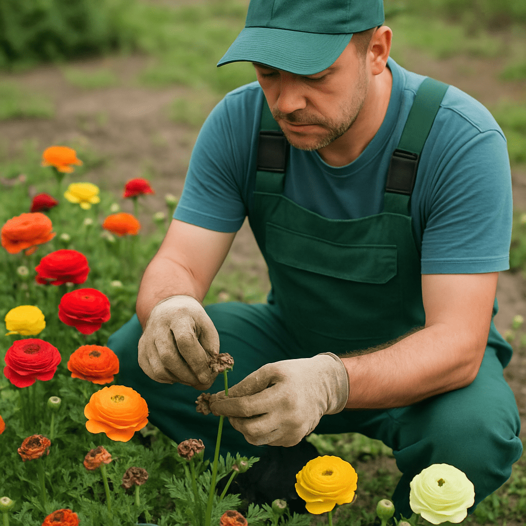 Gardener removing faded ranunculus