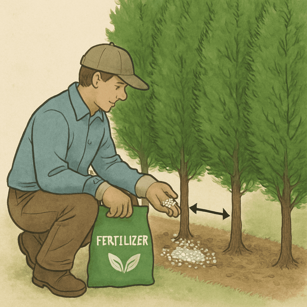 A gardener applying fertilizer at the base of a green Thuja hedge, illustrating proper application distance from the trunk.