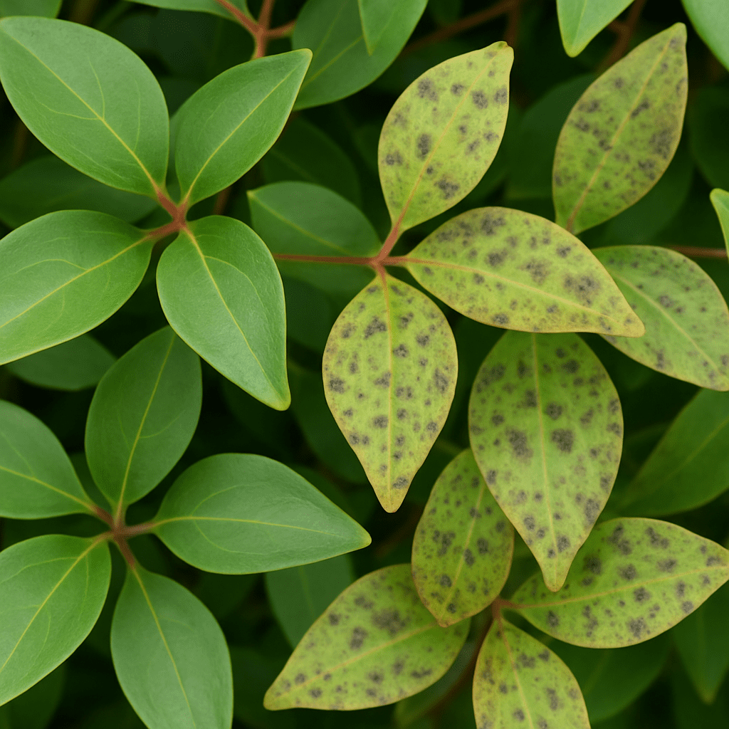 A clear photo of Abelia leaves showing the difference between healthy foliage and leaves with minor fungal spotting.