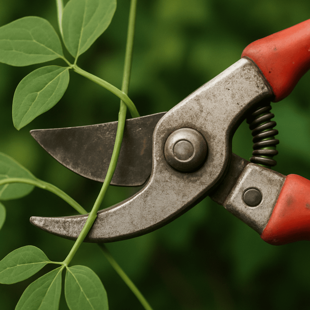 Nahaufnahme einer Gartenschere, die eine verirrte Akebia-Ranke abschneidet.