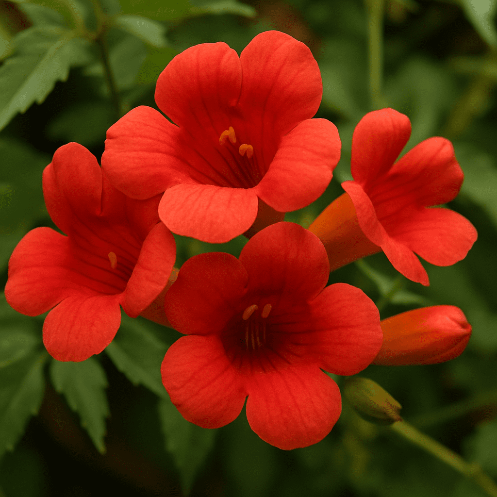 Detailed look at the red flowers of the trumpet vine