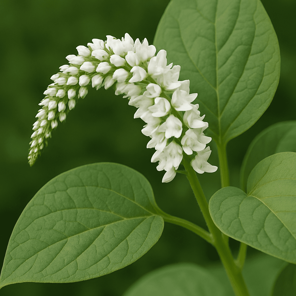 Close-up view of the nodding white flower spike and heart-shaped leaves of bistort
