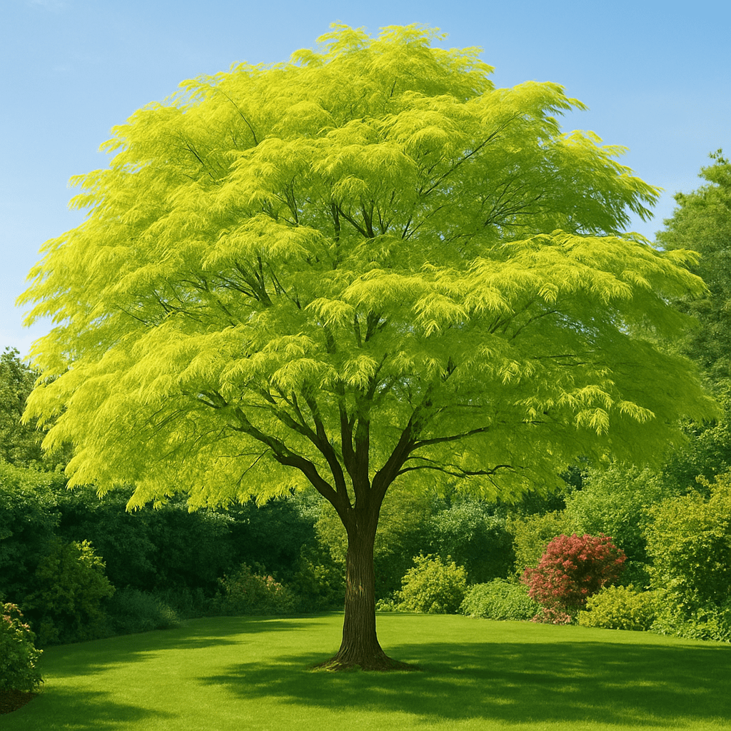Ein majestätischer Lederhülsenbaum mit feinem, hellgrünem Blattwerk in einem sonnigen Garten
