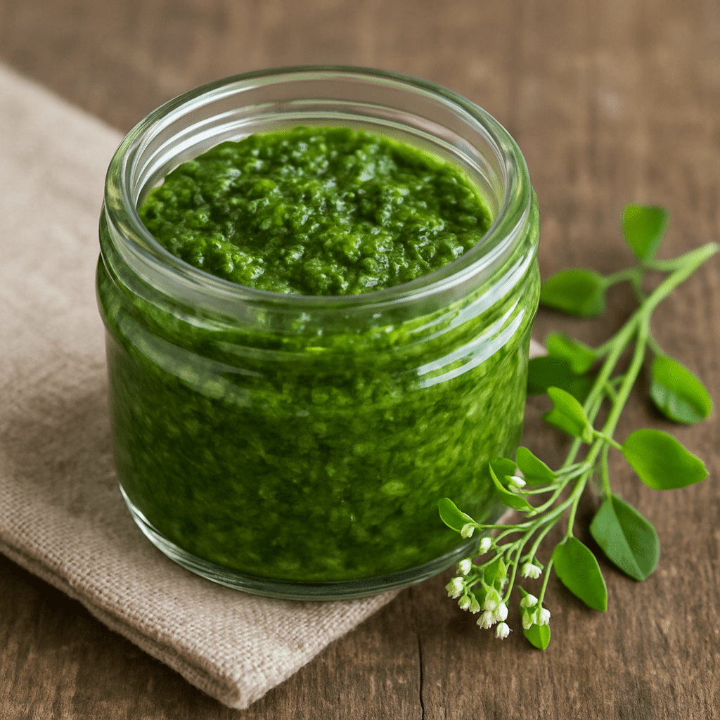 Freshly prepared wild herb pesto made from field pennycress in a small jar