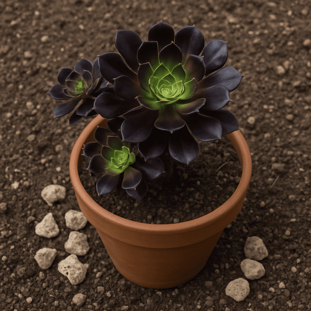 A stylish terracotta pot with an Aeonium, surrounded by succulent soil and pumice