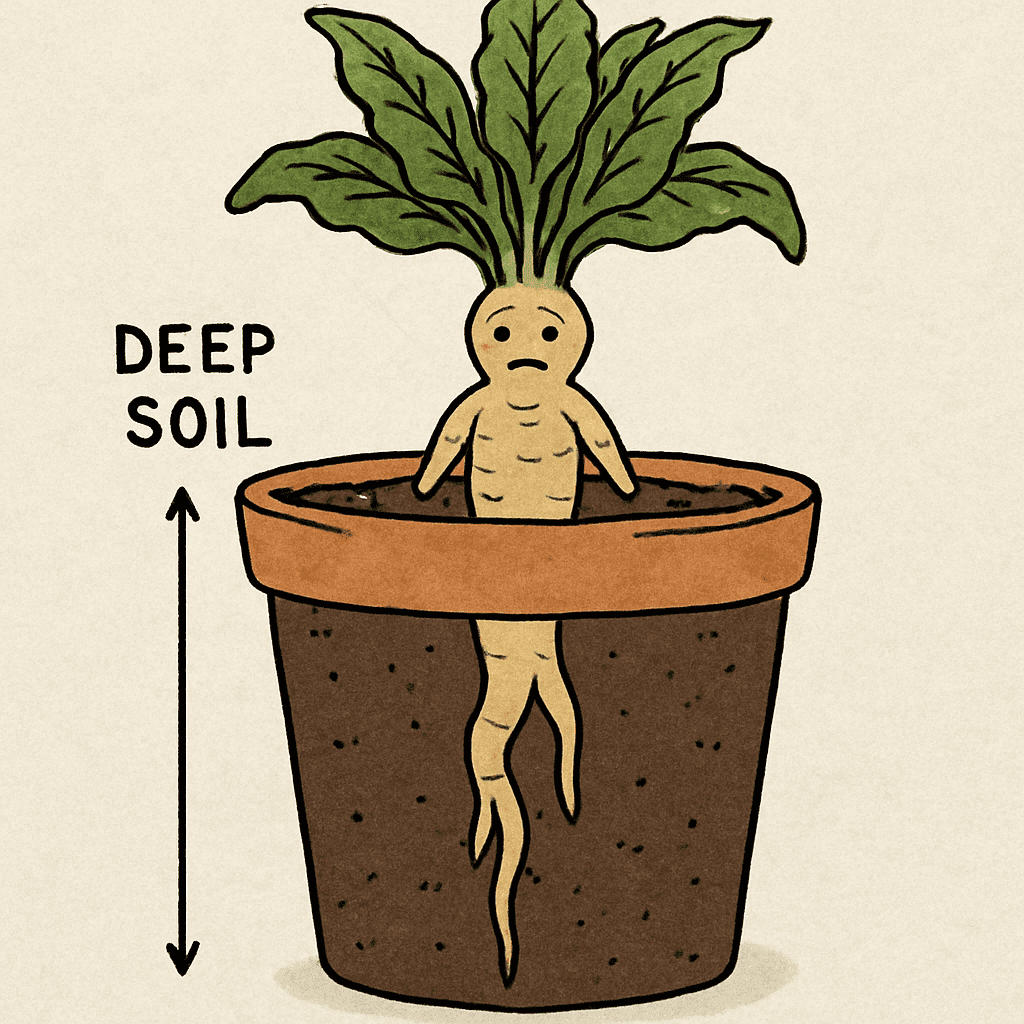 An illustration showing the correct depth and pot size for growing a mandrake plant, emphasizing the need for deep soil for the long taproot.