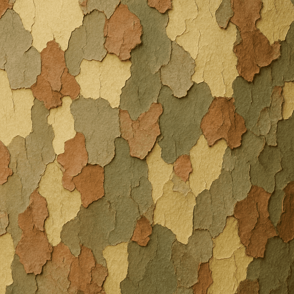 Close-up of the peeling, mosaic-like bark of a plane tree