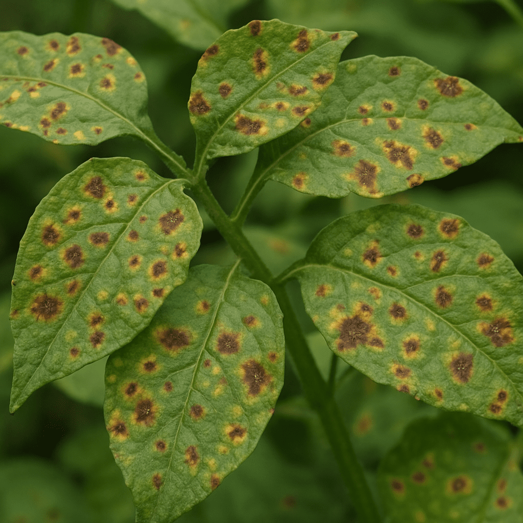 A picture of infested plant leaves with visible signs of disease