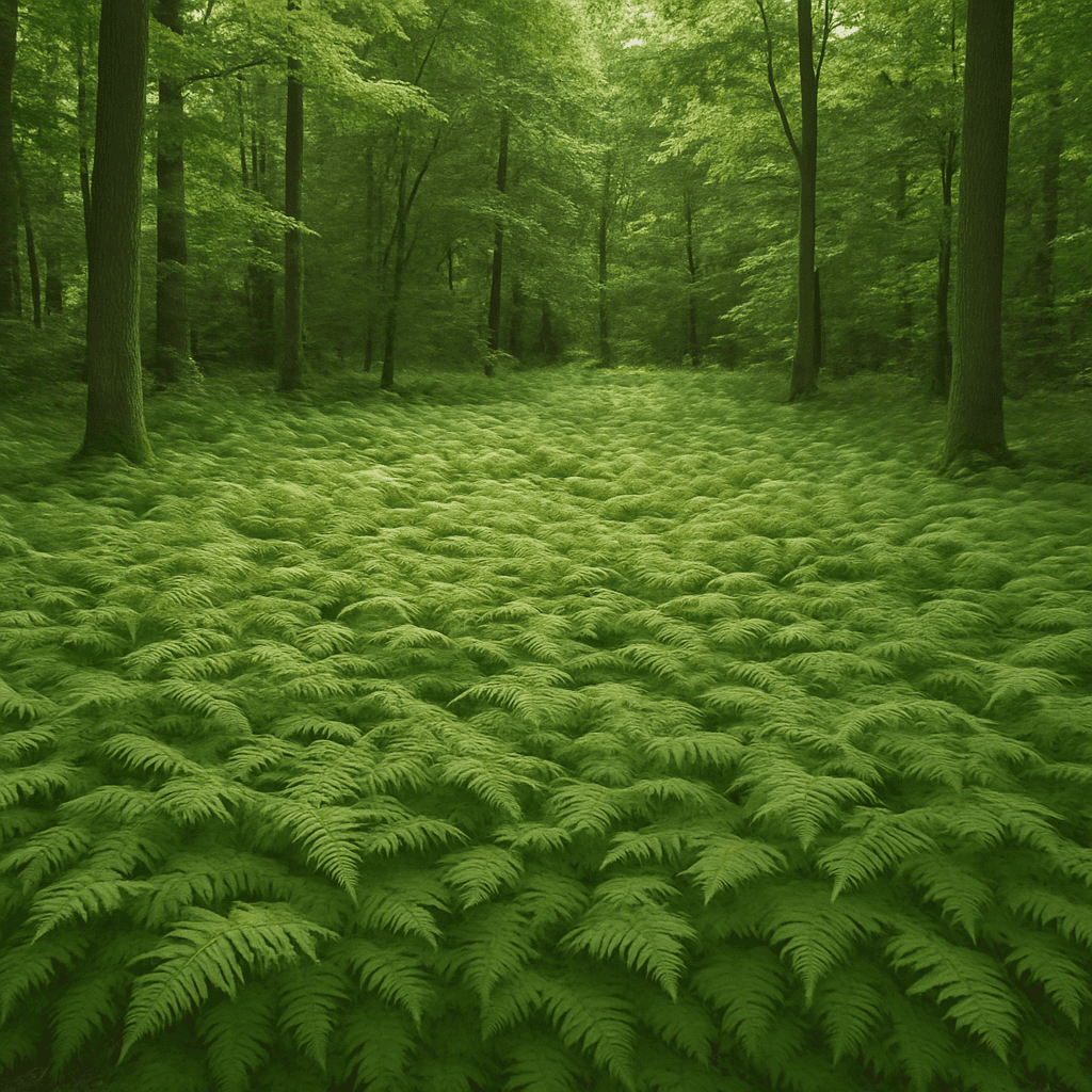Dichter Wuchs von Adlerfarn auf einer Waldlichtung, der den Boden vollständig bedeckt