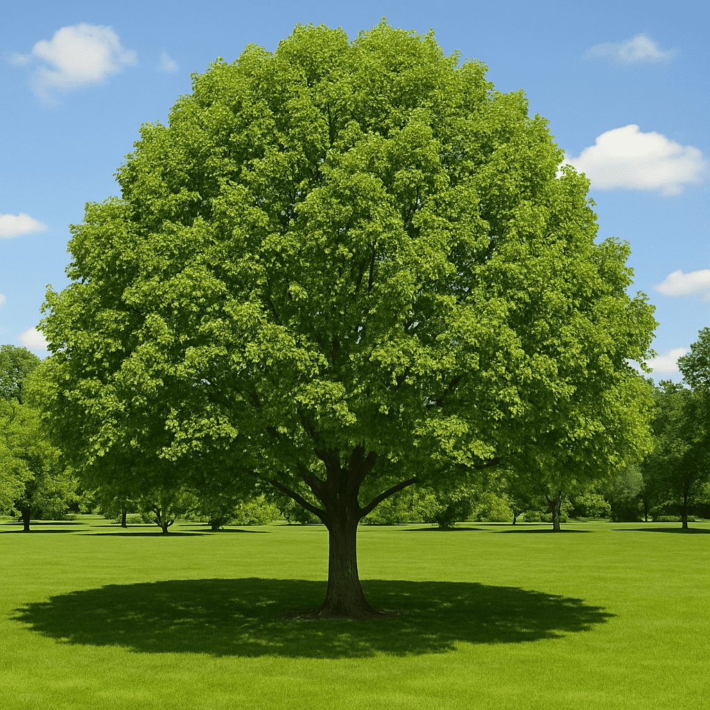 Eine voll ausgebildete Amerikanische Linde in einem sonnigen Park, die eine weite, kreisförmige Schattenfläche auf grünem Rasen wirft.